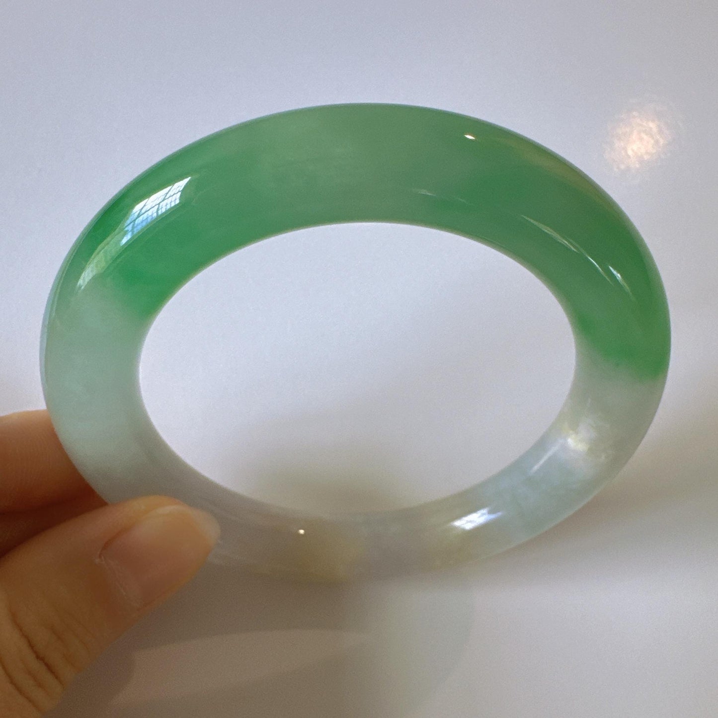 Earthveil - Round Shaped Icy Green and White Burma Jade Bangle Bracelet