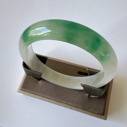 Earthveil - Elegant Green and White Burma Jade Jadeite Bangle