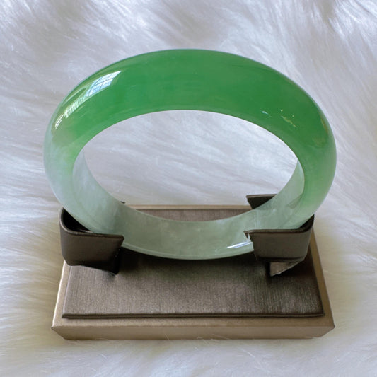 Earthveil - Bright Green and White Burma Jade Bangle Bracelet