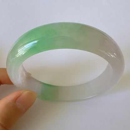 Earthveil - Smooth Green and White Wide Jade Jadeite Bangle Bracelet