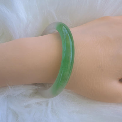 Earthveil - Green with White Slim Burma Jade Jadeite Bangle Bracelet