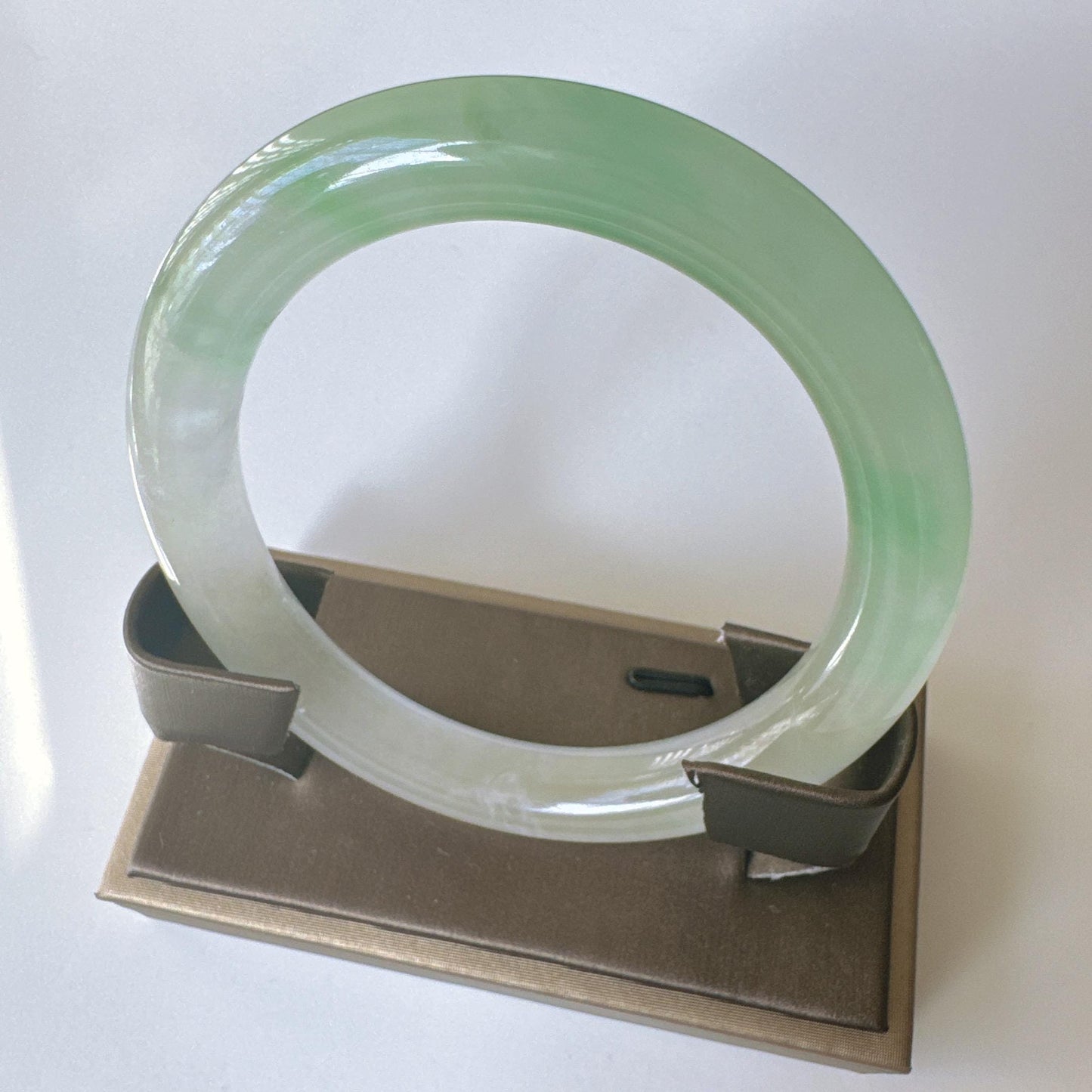 Earthveil - Round Shaped Apple Green and White Burma Jade Jadeite Bangle Bracelet