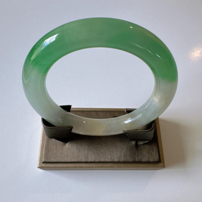Earthveil - Round Shaped Icy Green and White Burma Jade Bangle Bracelet