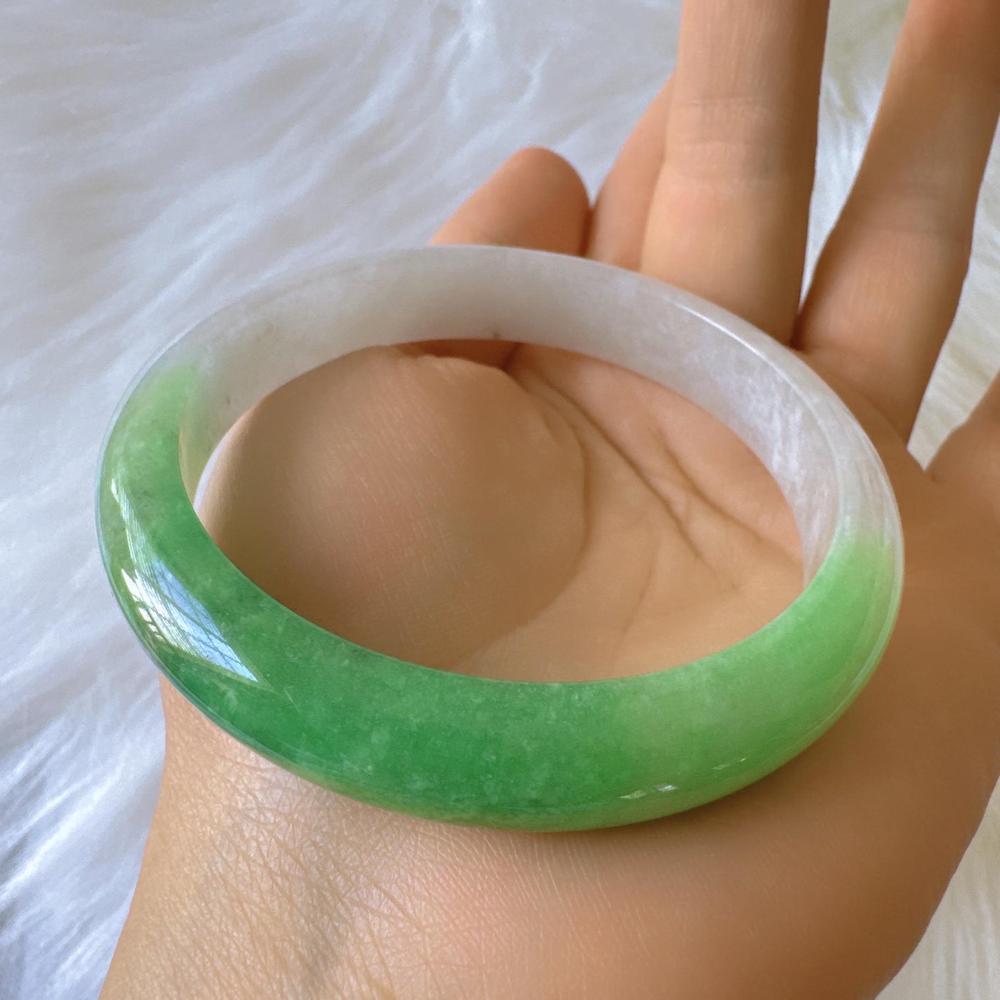 Earthveil - Milky White and Apple Green Burma Jade Bangle Bracelet
