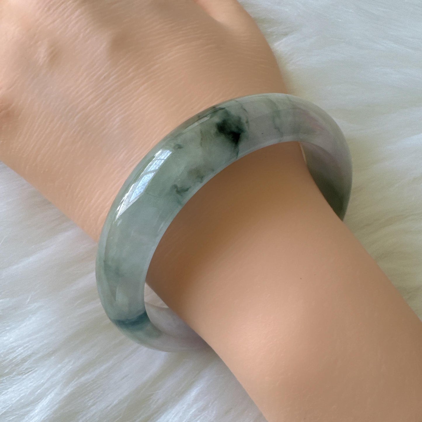 Earthveil - Artisan Gray Translucent Wide Burma Jade Jadeite Bangle Bracelet