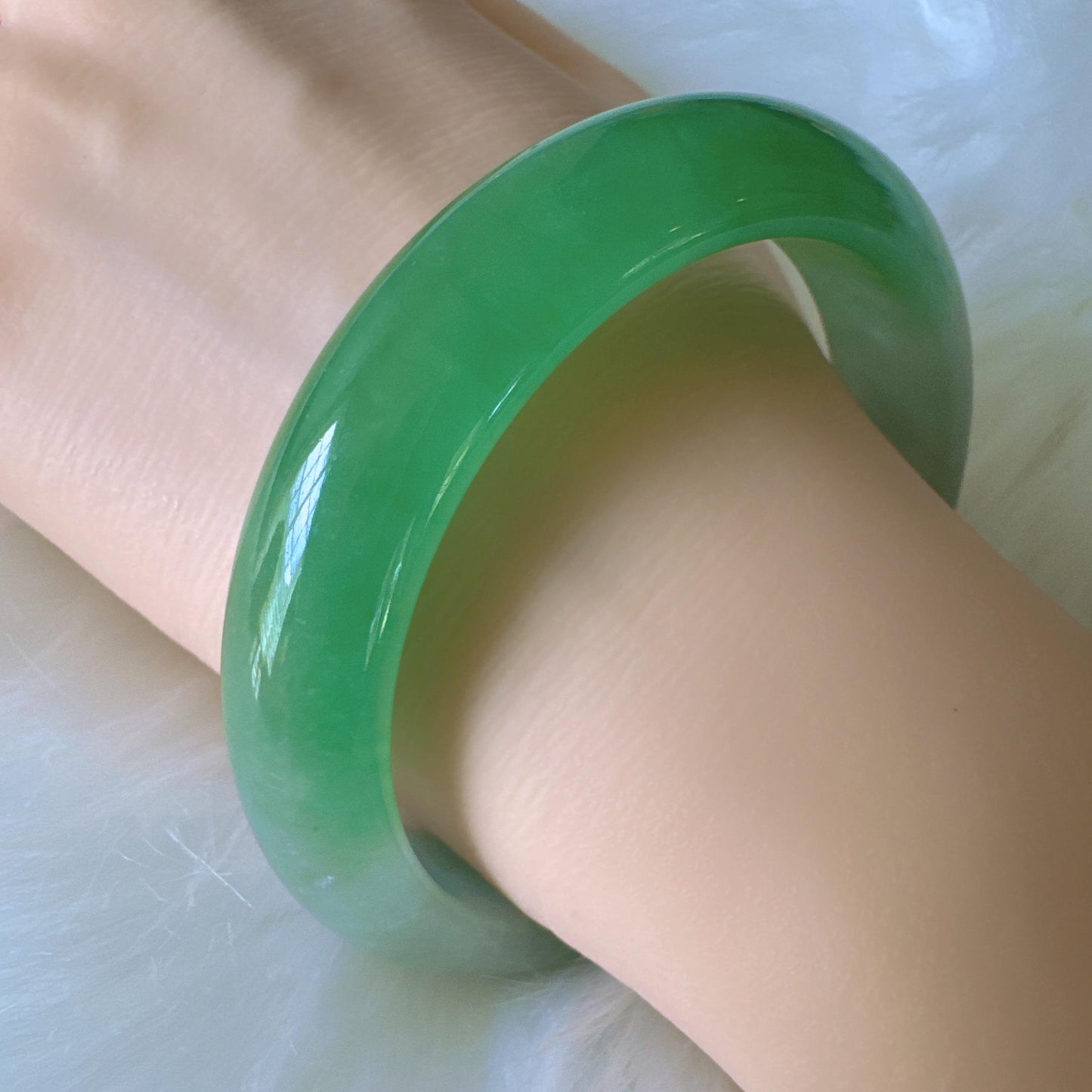 Earthveil - Bright Green and White Burma Jade Bangle Bracelet
