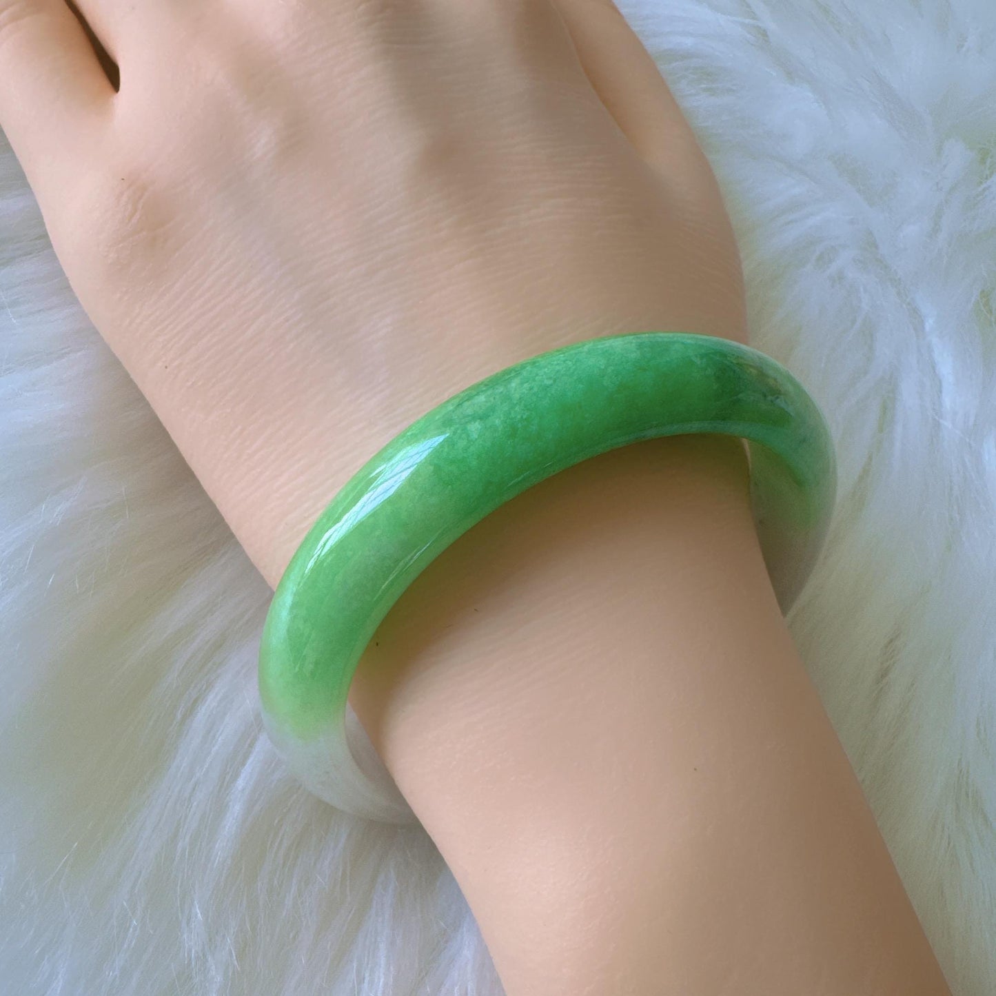 Earthveil - Milky White and Apple Green Burma Jade Bangle Bracelet