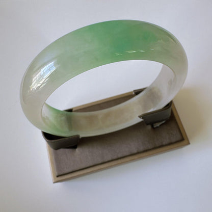 Earthveil - Smooth Green and White Wide Jade Jadeite Bangle Bracelet