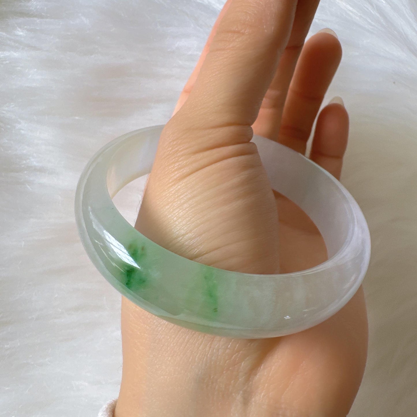 Earthveil - Icy White Jade with Soft Green Undertones Burma Wide Jade Bangle Bracelet