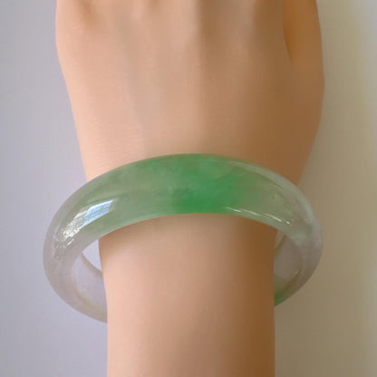 Earthveil - Smooth Green and White Wide Jade Jadeite Bangle Bracelet