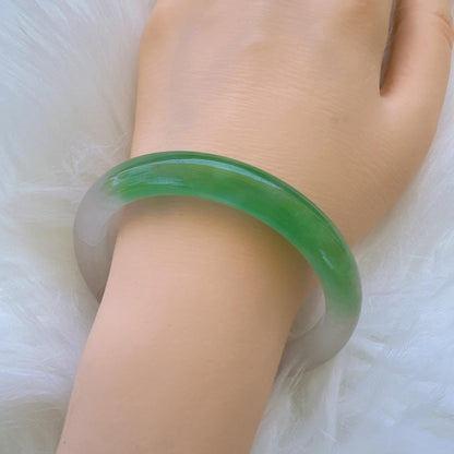 Earthveil - Green with White Slim Burma Jade Jadeite Bangle Bracelet