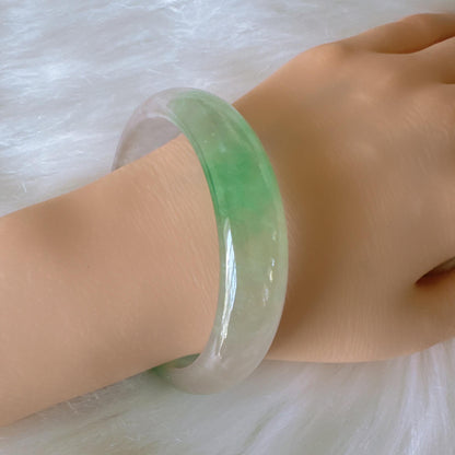 Earthveil - Smooth Green and White Wide Jade Jadeite Bangle Bracelet