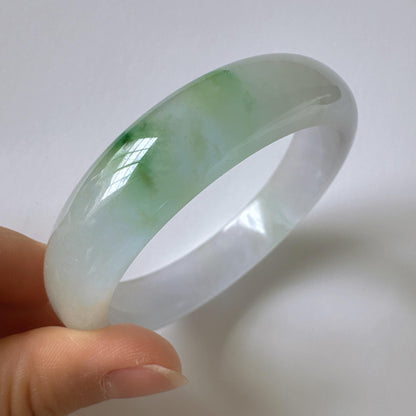 Earthveil - Icy White Jade with Soft Green Undertones Burma Wide Jade Bangle Bracelet