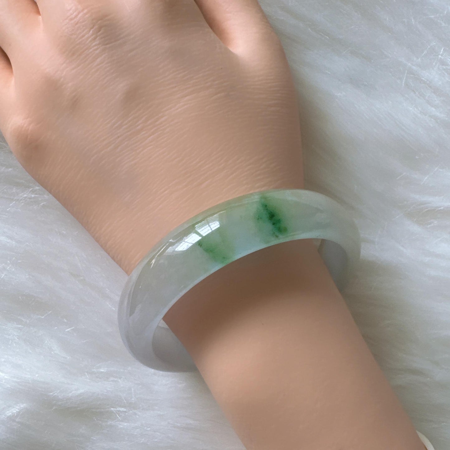 Earthveil - Icy White Jade with Soft Green Undertones Burma Wide Jade Bangle Bracelet