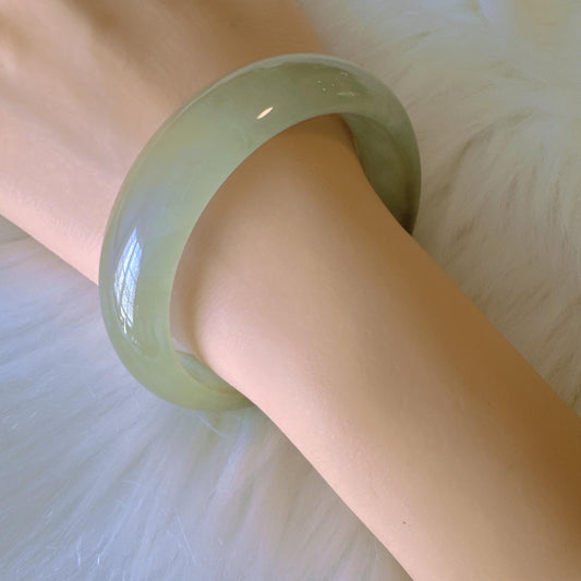 Earthveil - Yellow Green Burma Jade Bangle Bracelet, Green Wide Jade Bangle
