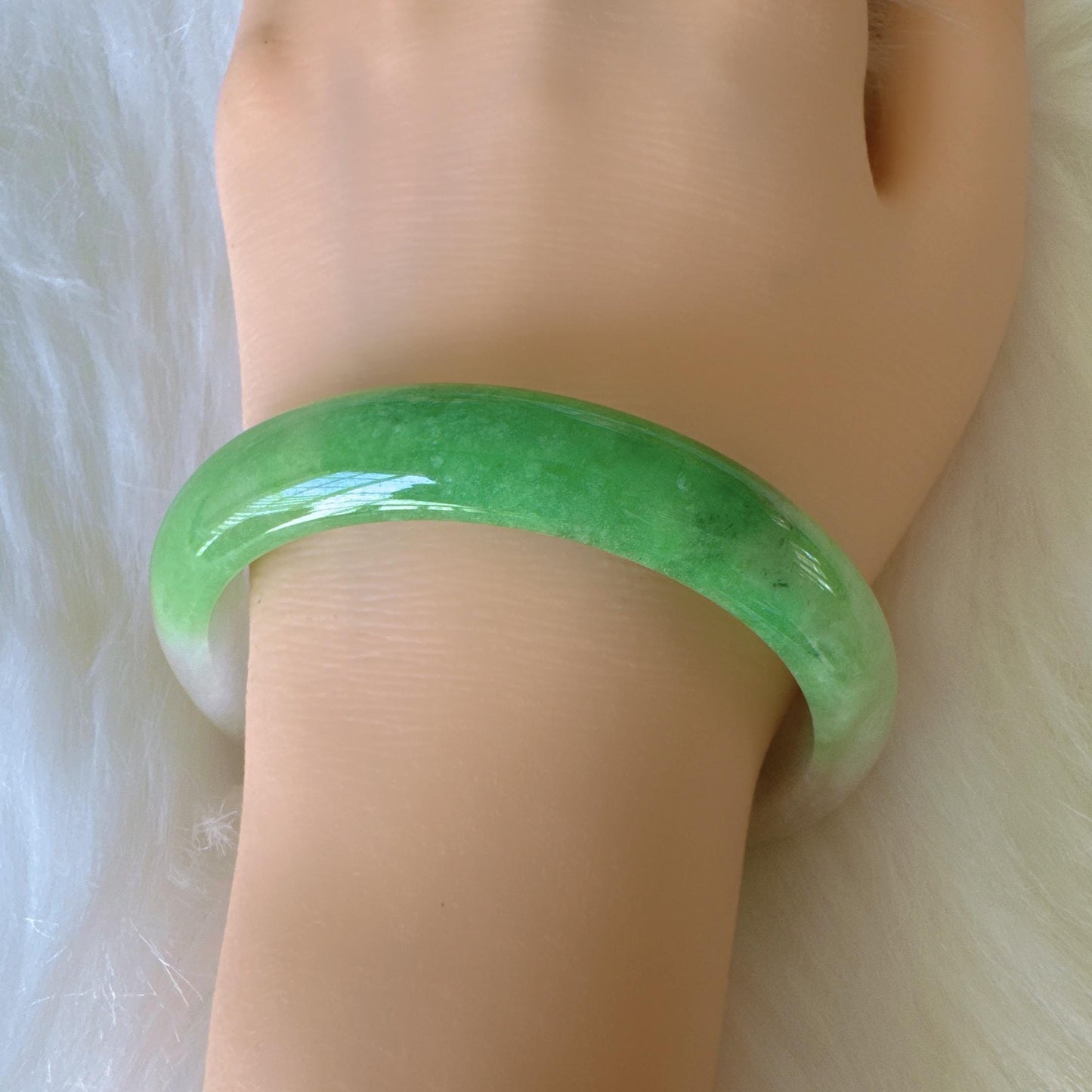 Earthveil - Milky White and Apple Green Burma Jade Bangle Bracelet