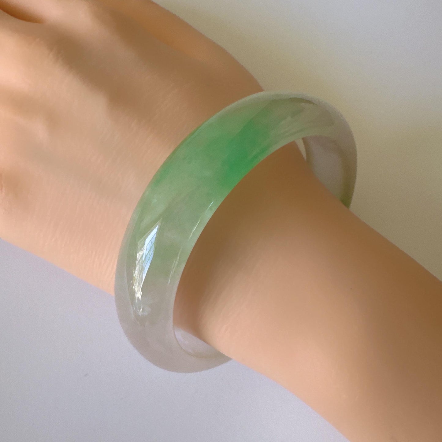 Earthveil - Smooth Green and White Wide Jade Jadeite Bangle Bracelet