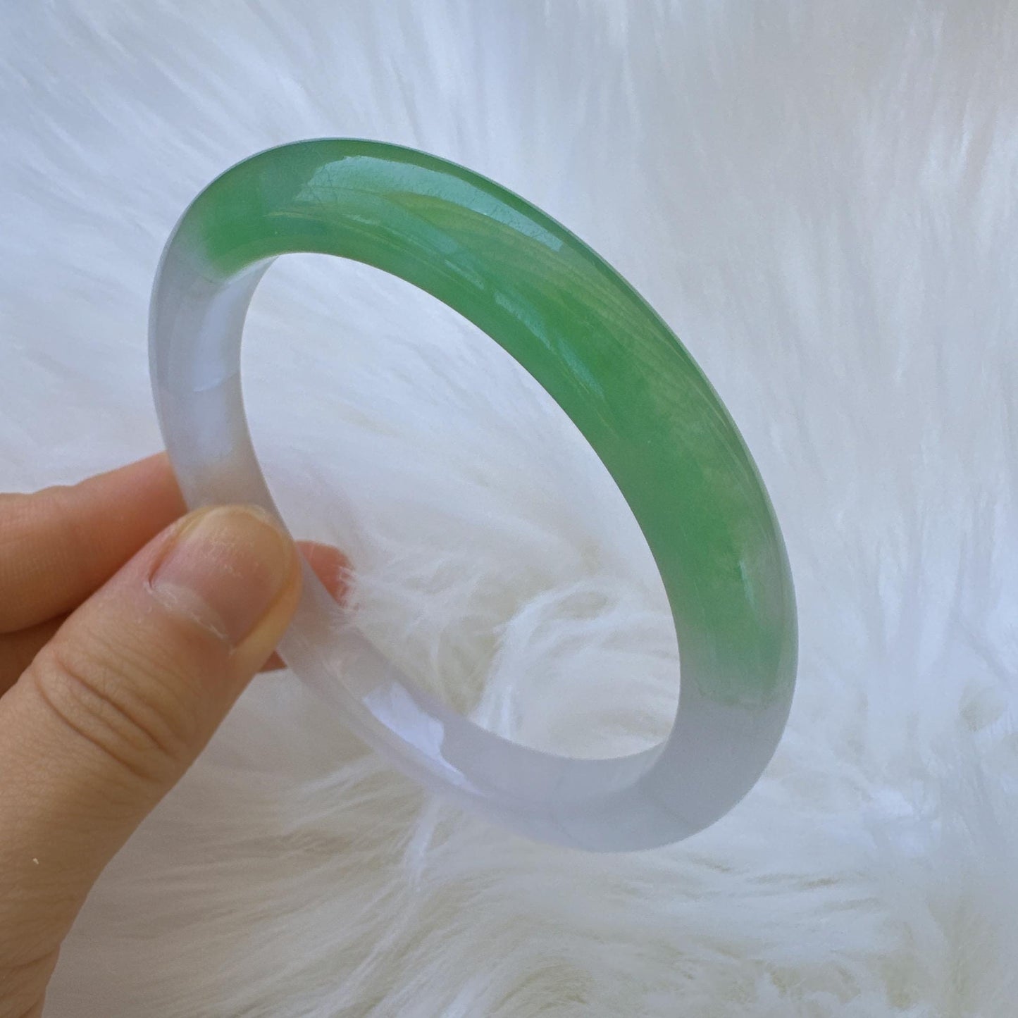 Earthveil - Green with White Slim Burma Jade Jadeite Bangle Bracelet