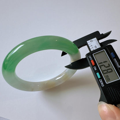 Earthveil - Round Shaped Icy Green and White Burma Jade Bangle Bracelet